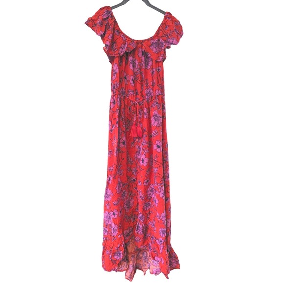 B.O.G Collective Dresses & Skirts - BOG Collective Ruffle Floral Maxi Dress Red Purple Tiered Dress Tassel Flowers